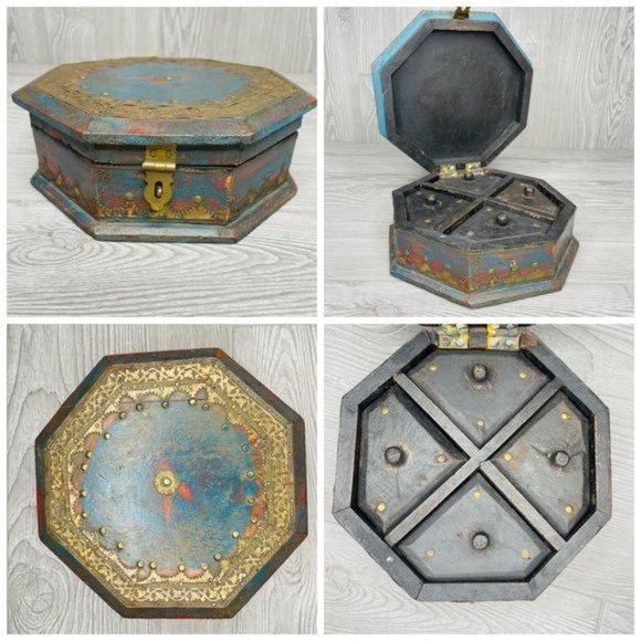 Vintage Wooden Octagonal Jewellery Box Original Old Hand Crafted Brass Fitted